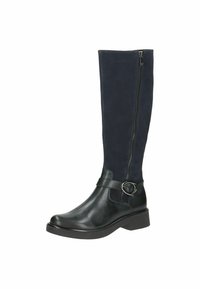 Bota de cuero negro y gamuza azul marino, hasta la rodilla, con cremallera lateral, tirante ancho y detalle de hebilla, parte superior texturizada y tacón grueso.