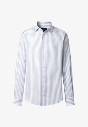 Gestreept overhemd met knopen in lichtblauw en wit, met een klassieke kraag, lange mouwen en een gladde stoftextuur. Accentuering aan de manchetten.