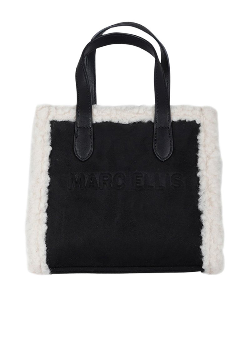 Borsa tote in suede nero con rifinitura in ecopelliccia crema, manici in pelle nera e logo impresso, forma rettangolare e texture morbida.