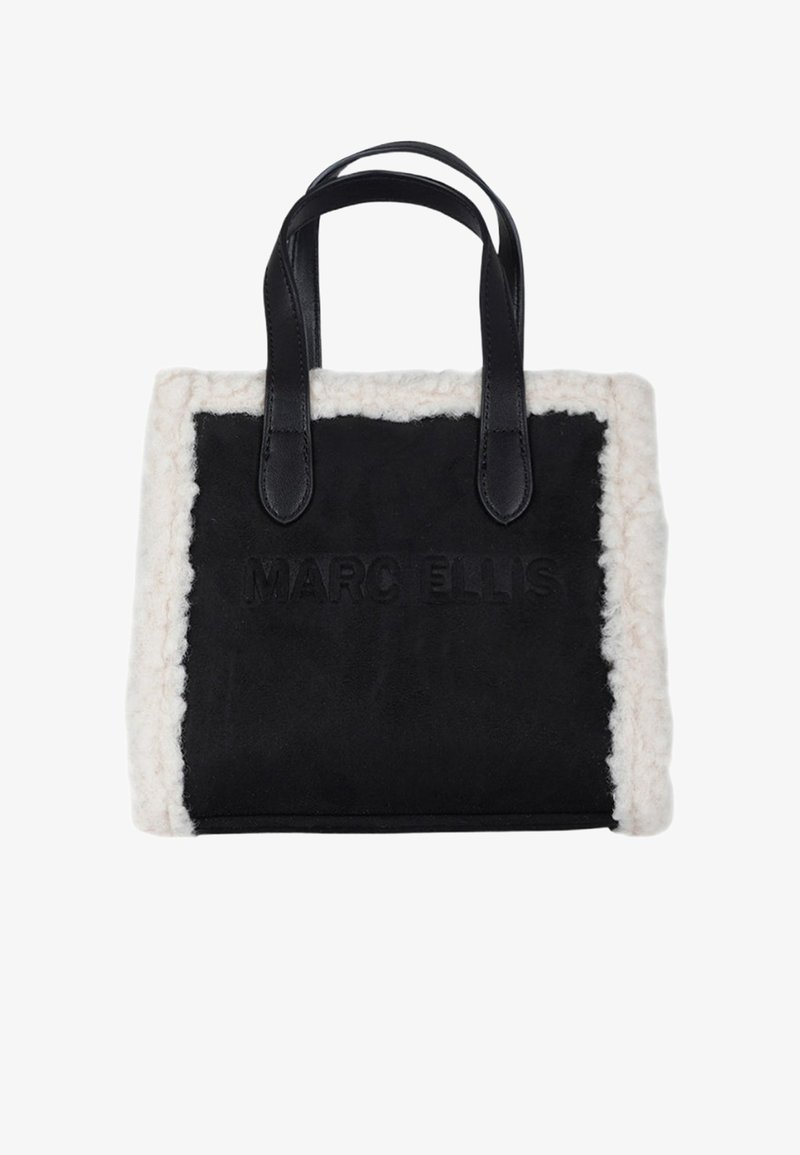 Borsa tote in suede nero con rifinitura in ecopelliccia crema, manici in pelle nera e logo impresso, forma rettangolare e texture morbida.