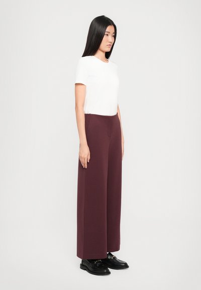 Valge lühikeste varrukatega t-särk, millega on kombineeritud burgundi punased laiad püksid. Pükstel on sile tekstuur ja puhas vöökoht. Mustad kingad täiustavad välimust.