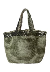 Green woven tote bag with a textured surface and sequin accents at the top. Features two sturdy handles for easy carrying.