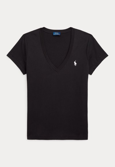Μαύρο κοντομάνικο T-shirt με V-λαιμόκοψη, μικρό λευκό λογότυπο Polo Ralph Lauren στο αριστερό στήθος και μπλε ετικέτα εσωτερικά στον γιακά.