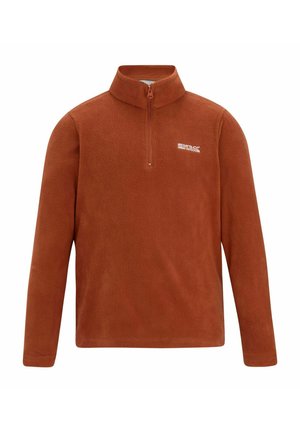 Rust-colored fleece pullover with long sleeves, high collar, quarter zip, and small white "Regatta Great Outdoors" logo on the chest.