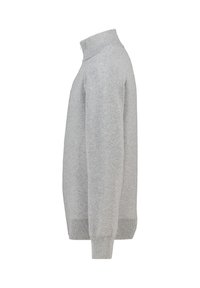 Light grey pullover sweater made of soft fabric, featuring a high collar, ribbed cuffs and hem, with a simple, classic design.