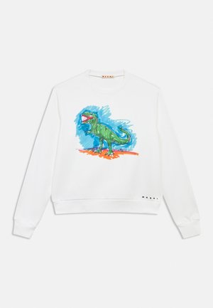 Hvid langærmet sweatshirt med en farverig håndtegnet grøn dinosaur på en blå og orange baggrund på forsiden.