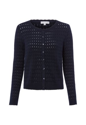 Cardigan bleu marine à manches longues avec ouverture à boutons sur le devant et motif en maille ajourée texturée, encolure ronde, poignets et ourlet côtelés.