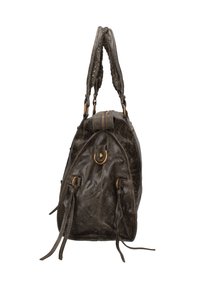 Borsa a mano in pelle scura con forma arrotondata, due manici intrecciati, dettagli in metallo color oro e accenti con cordoncino sui lati. Chiusura superiore con zip.