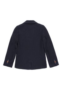 Blazer blu navy con vestibilità sartoriale, un'apertura centrale sul retro, colletto a punte e tre bottoni su ciascun polsino in colori a contrasto.