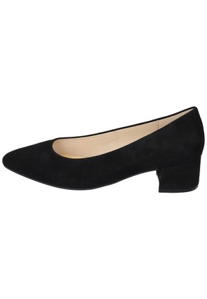 Schwarze Wildleder-Ballerinas mit spitzem Zeh und niedrigem Blockabsatz. Das Innere ist beige, mit einer glatten Textur und einem schlichten Design.