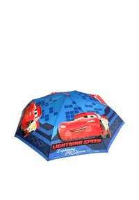 Niebieski parasol z grafiką Zygzaka McQueena, w kształcie sześciokąta, z napisem "SZYBKOŚĆ ZYGZAKA". Posiada niebieskie tło w wzory oraz czerwone akcenty.