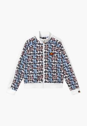 Chaqueta blanca con cremallera y estampado multicolor repetido de "ellesse", con un pequeño logo rojo y naranja en el pecho y el puño.