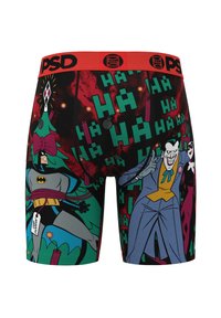 Men's boxer briefs featuring a colorful comic-style print with Batman, the Joker, and Harley Quinn on a black background. Red waistband.