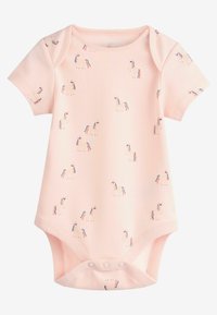 Body rose pour bébé en coton doux, avec un imprimé répétitif de licornes aux crins colorés, des manches courtes et une fermeture à pression en bas.