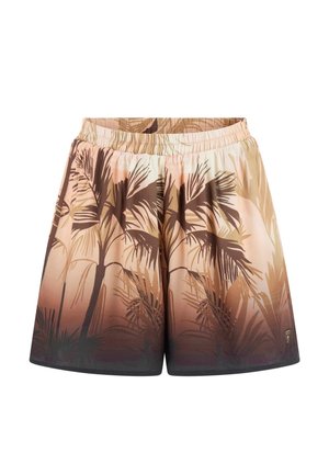 Shorts met elastische taille met een bruin-beige verloop met silhouetten van palmbomen en tropische bladpatronen.