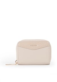 Portafoglio beige in similpelle goffrata con fronte liscio, chiusura con cerniera e dettaglio in metallo dorato sulla zip.