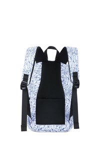 Backpack featuring a white and blue crackle pattern, black mesh accents, padded straps, and a central storage section with a smooth finish.