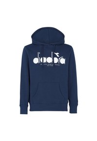 Felpa navy blu con tasca frontale, cappuccio con coulisse e logo bianco "diadora athletes sporting goods est.1948" sul petto.