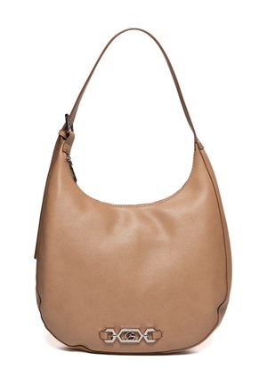 Borsa a tracolla in pelle marrone chiaro con una singola tracolla, parte superiore curva e fibbia decorativa argento al centro inferiore.