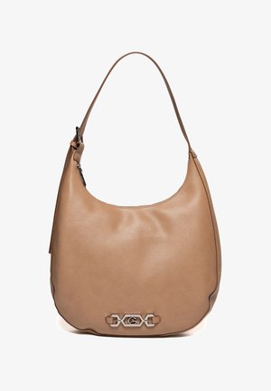 Borsa a tracolla in pelle marrone chiaro con una singola tracolla, parte superiore curva e fibbia decorativa argento al centro inferiore.