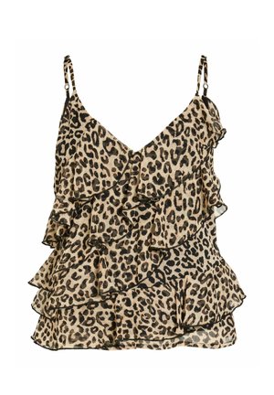 Haut sans manches à imprimé léopard avec bretelles fines ajustables et plusieurs volants superposés sur le devant et les côtés.
