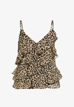 Haut sans manches à imprimé léopard avec bretelles fines ajustables et plusieurs volants superposés sur le devant et les côtés.