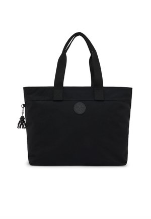 Borsa a spalla nera realizzata in nylon con doppi manici, una toppa rotonda con logo e un portachiavi decorativo con una piccola figura.