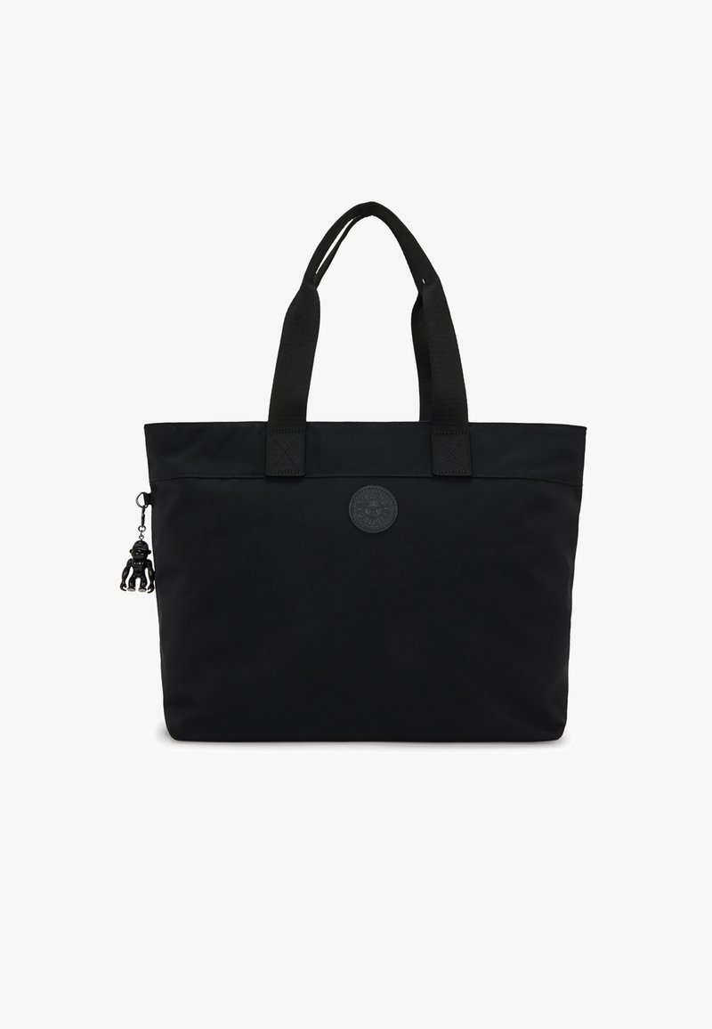 Borsa a spalla nera realizzata in nylon con doppi manici, una toppa rotonda con logo e un portachiavi decorativo con una piccola figura.