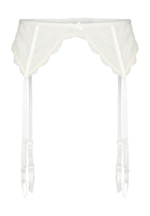 Weißer Spitzen-Strumpfhalter mit verstellbaren Trägern und einem kleinen dekorativen Schleifchen vorne auf einfarbigem Hintergrund.