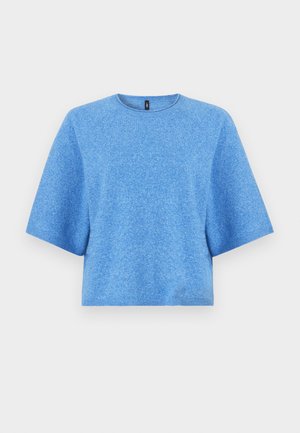 Cropped blue sweater made of soft, textured fabric. Features short sleeves and a round neckline. Simple, solid color with no patterns.