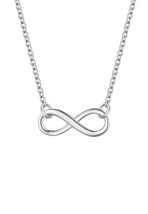 Sølv infinity vedhæng necklace på en sammenkoblet kæde, med et glat, poleret design og en kontinuerlig løbende form.
