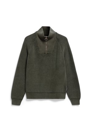 Dark green knitted sweater with long sleeves and a half-zip high collar, laid flat on a white background.