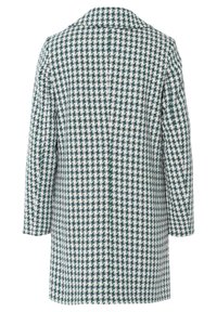 Lång grön och vit houndstooth-mönstrad kappa med långa ärmar och bred krage visad bakifrån.