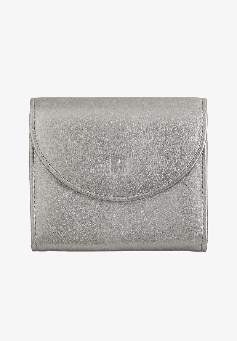 Silver leather wallet with a rounded flap closure, subtle texture, and embossed logo on the front. Features neat stitching along the edges.