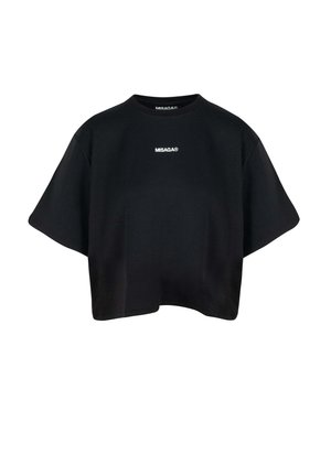 Zwarte cropped t-shirt gemaakt van een katoenmix. Heeft een ronde hals, korte mouwen en een klein wit logo in het midden van de borst.