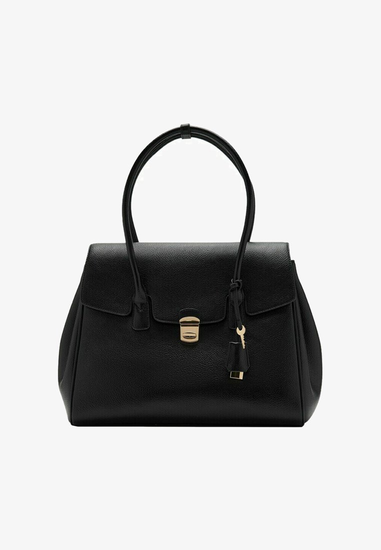 Sac à main en cuir noir avec deux poignées, fermoir à clé doré, et une clé suspendue à une lanière en cuir sur fond blanc.