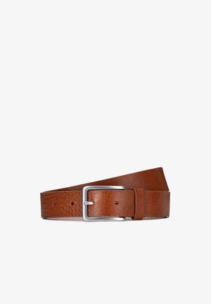 Ceinture en cuir marron avec une surface texturée, dotée d'une boucle rectangulaire en métal argenté et de plusieurs trous pour le réglage.