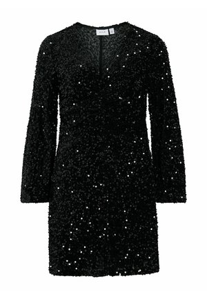 Vestido negro con lentejuelas y mangas largas, que presenta un escote en V y una superficie texturizada creada por una densa capa de lentejuelas.