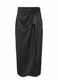 Gonna in satin nero con design drappeggiato, dettagli con nodo laterale, lunghezza al ginocchio, texture liscia e chiusura con zip sul retro.