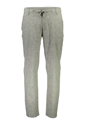 Ljusgrå linnebyxor med en avslappnad passform, dragsko i midjan och raka ben, med en subtil texturerad mönstring.