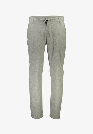 Jasnoszare lniane spodnie o luźnym kroju, z elastycznym paskiem na sznurku i prostymi nogawkami, z delikatnym wzorem fakturalnym.