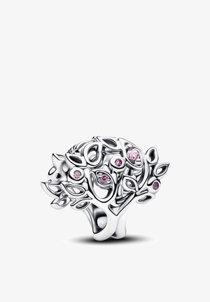 Bague en argent en forme d'arbre avec des branches ajourées et des pierres précieuses roses incrustées parmi les feuilles.