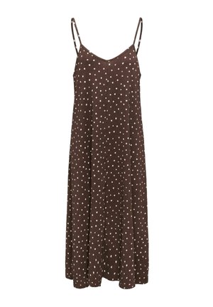 Brun ærmeløs midikjole med tynde stropper og et mønster af hvide polkaprikker over det hele, med en løs og flydende pasform.