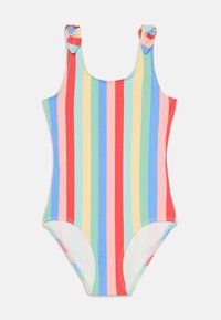 Maillot de bain une pièce coloré avec des rayures verticales en rose, vert, jaune et rouge. Éléments de nœud remarquables sur les bretelles. Texture de tissu lisse.