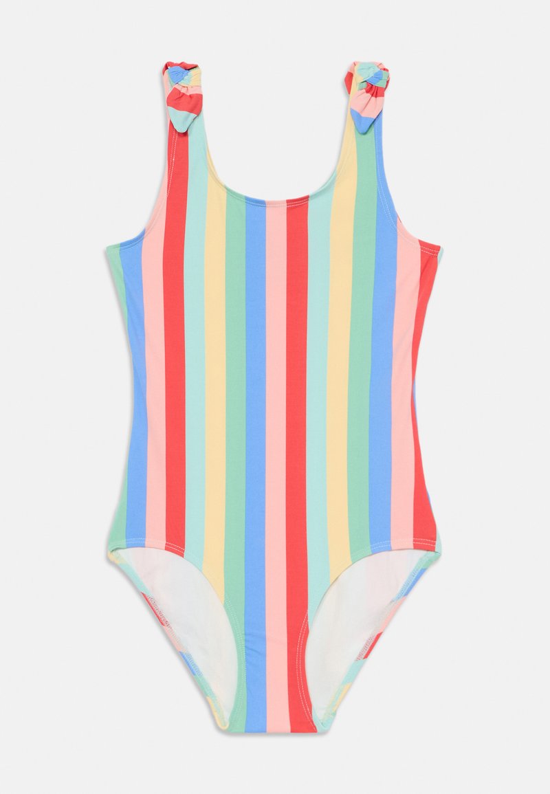 Colorful one-piece swimsuit featuring vertical stripes in pink, green, yellow, and red. Notable bow accents on shoulder straps. Smooth fabric texture.