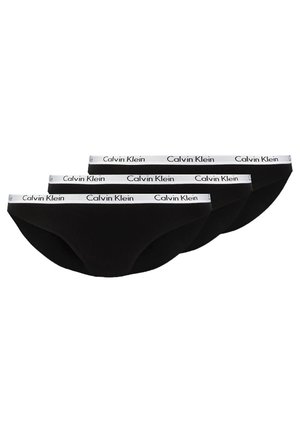 Conjunto de tres piezas de bikini de algodón negro, con una cinturilla elástica blanca contrastante que lleva la marca "Calvin Klein".