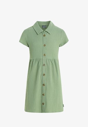 Green textured short-sleeve dress with a collar and brown buttons running down the front center.