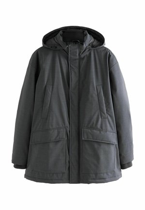 Mørkegrå isoleret vinterjakke med hætte, frontlynlås under klap, to brystlommer og to store flaplommer samt ribbede manchetter.