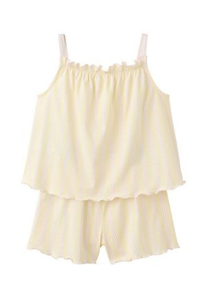 Haut sans manches rayé jaune et blanc avec encolure à volants et short assorti avec ourlets ondulés en tissu léger.