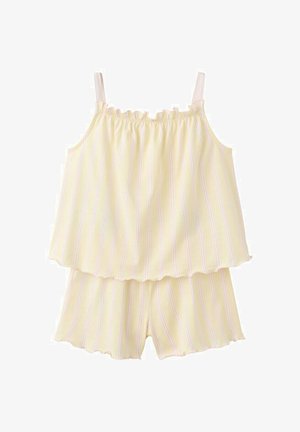 Gul og hvid stribet ærmeløs top med flæset halsudskæring og matchende shorts med bølgede kanter i letvævet stof.